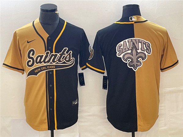 Men's New Orleans Saints Black Gold Split Team Big Logo Cool Base Stitched Baseball Jersey - Click Image to Close